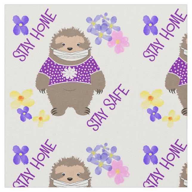 Cute Stay Safe Stay Home Sloth Fun Graphic Fabric (Close Up)