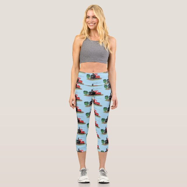 Cute steam train locomotive cartoon illustration capri leggings (Front)