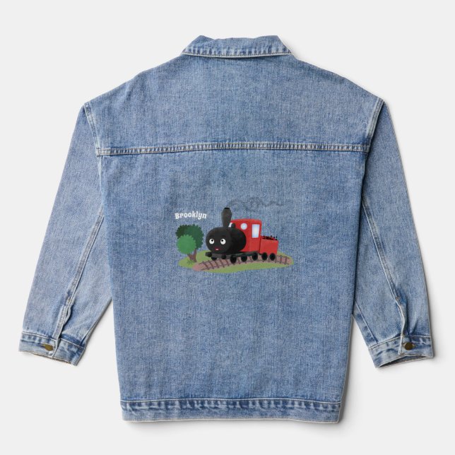 Cute steam train locomotive cartoon illustration denim jacket (Back)