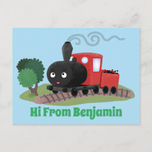 Cute steam train locomotive cartoon illustration postcard