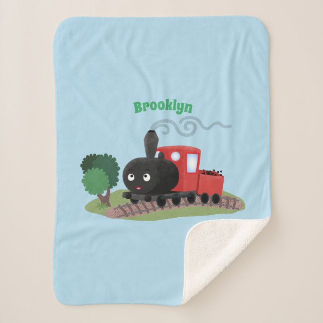 Cute steam train locomotive cartoon illustration sherpa blanket (Front)