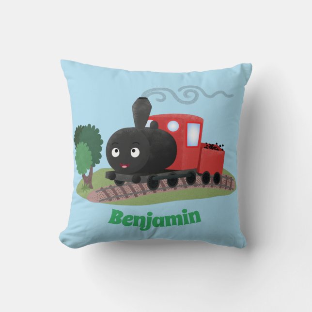 Cute steam train locomotive cartoon illustration throw pillow (Front)