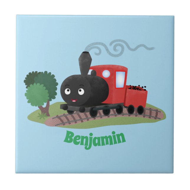 Cute steam train locomotive cartoon illustration tile (Front)