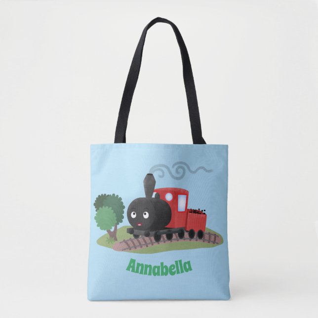 Cute steam train locomotive cartoon illustration tote bag (Front)