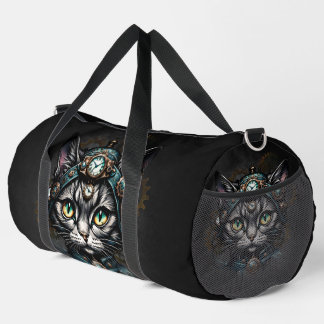 Cute steampunk cat with clocks and gears.  duffle bag