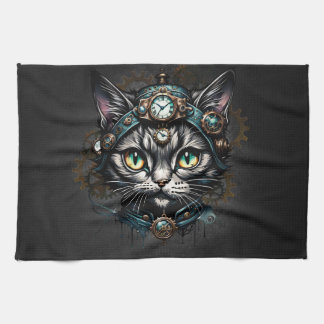 Cute steampunk cat with clocks and gears.  kitchen towel