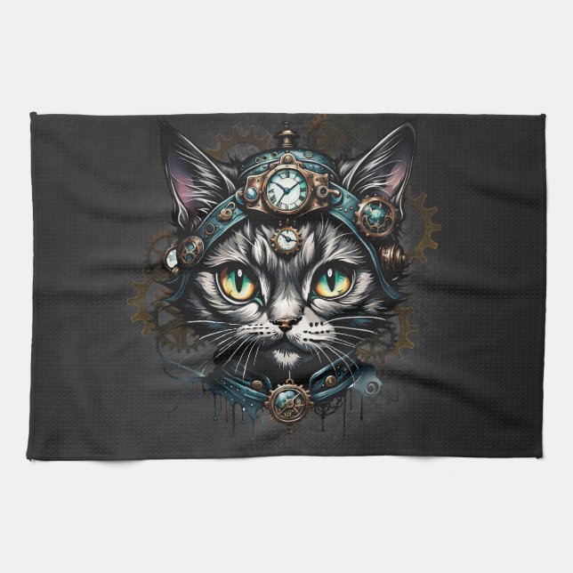 Cute steampunk cat with clocks and gears.  kitchen towel (Horizontal)