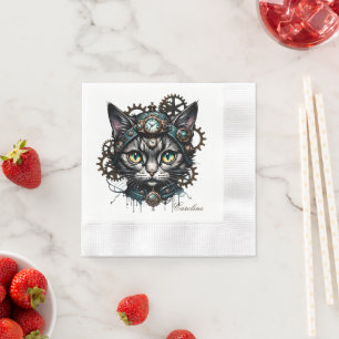 Cute steampunk cat with clocks and gears.  napkin