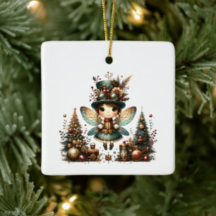 Cute Steampunk Christmas Fairy and Christmas Trees Ceramic Ornament