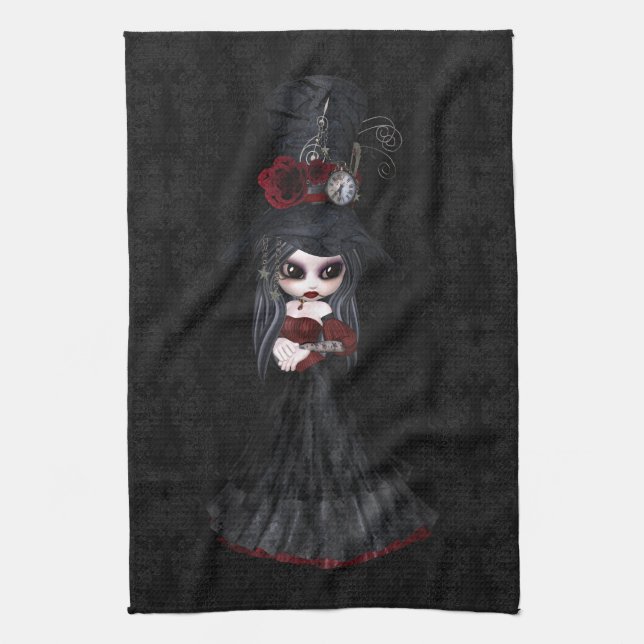 Cute Steampunk Goth Girl Black Kitchen Towel (Vertical)