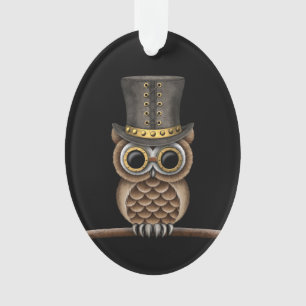 Cute Steampunk Owl on a Branch on Black Ornament
