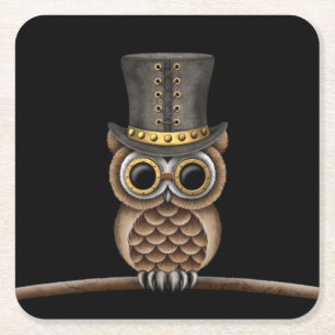 Cute Steampunk Owl on a Branch on Black Square Paper Coaster