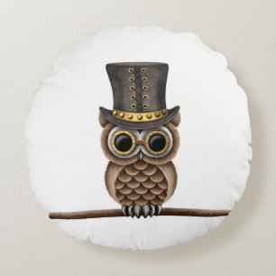 Cute Steampunk Owl on a Branch on White Round Pillow