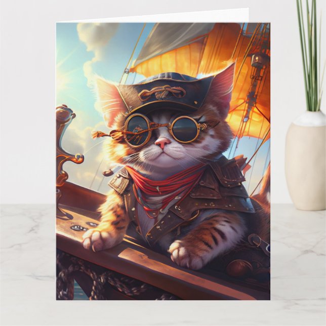 Cute Steampunk Pirate Cat Card (Front)