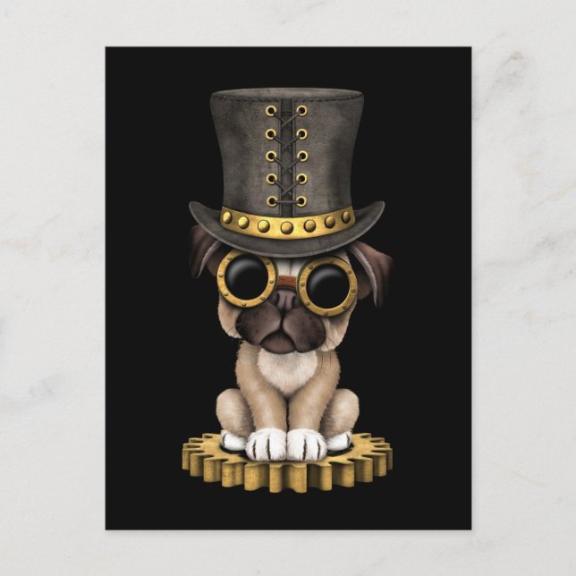 Cute Steampunk Pug Puppy Dog, black Postcard (Front)