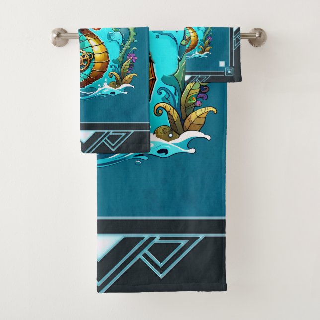 Cute steampunk seahorse with a stylish  hat.  bath towel set (Insitu)