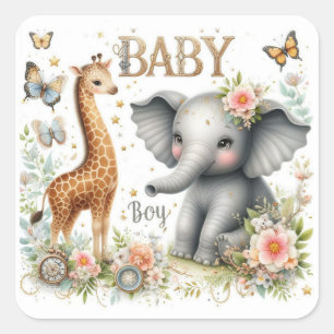 Cute Steampunk Style Baby Boy Elephant and Giraffe Square Sticker