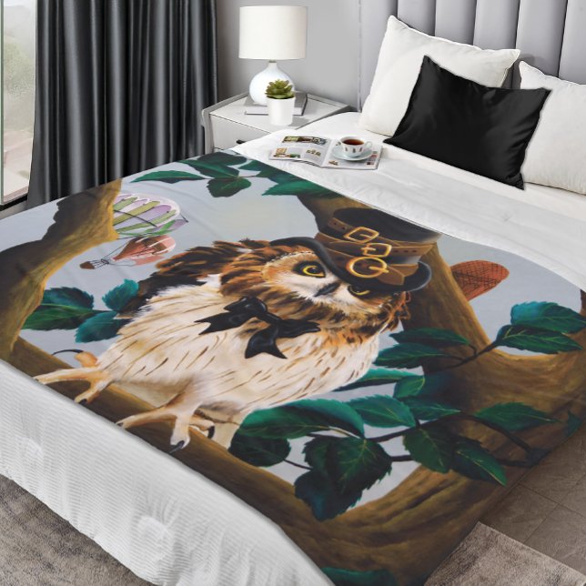 Cute Steampunk top Hat Owl Fleece Blanket (Creator Uploaded)
