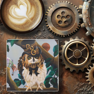 Cute Steampunk top Hat Owl Glass Coaster