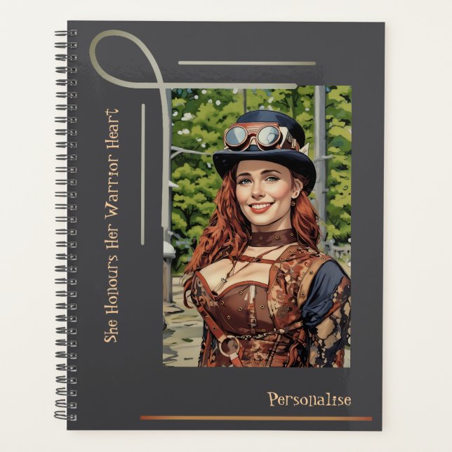Cute Steampunk Warrior Heart Quote Grey Journal  Planner (Front)