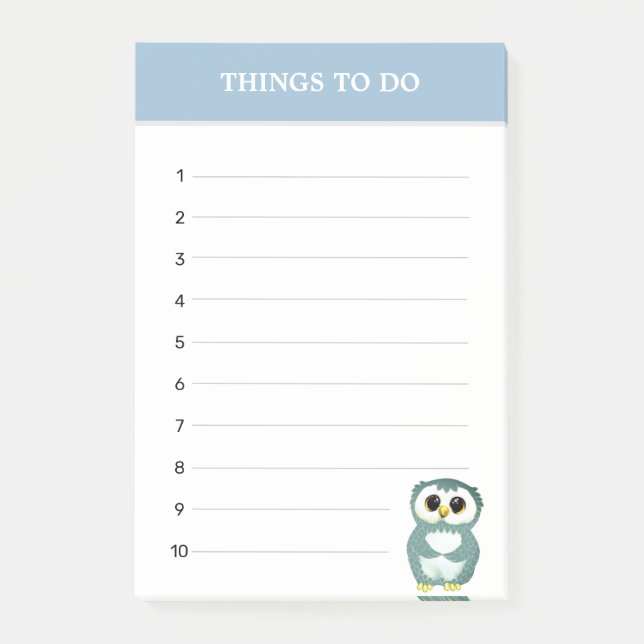 Cute Steel Blue Owl & Editable Things To Do Post-it Notes (Front)