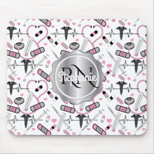 Cute Stethoscope Nurse Doctor EKG Pattern Name Mouse Pad