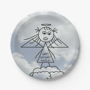Cute Stick Angel on Clouds Personalized Birthday Paper Plate