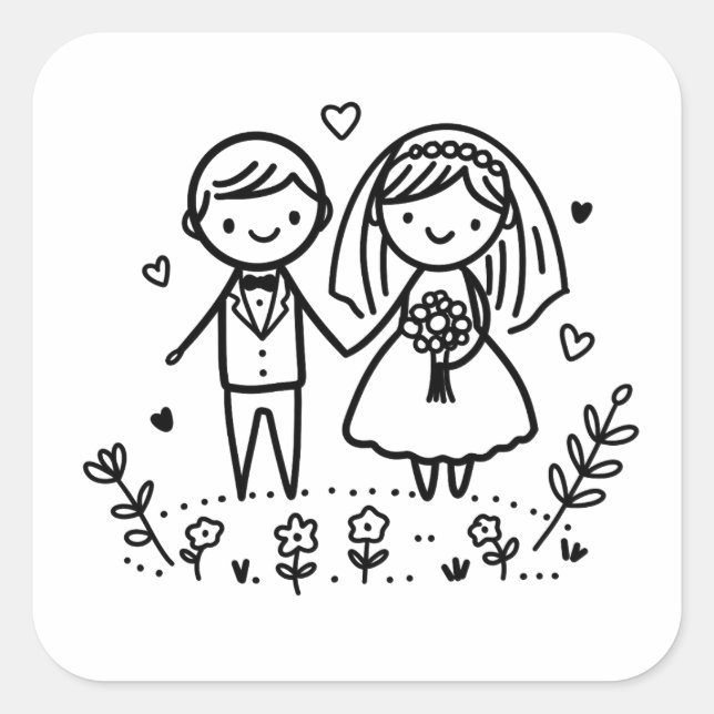 Cute Stick Figure Bride and Groom Wedding Square Sticker (Front)