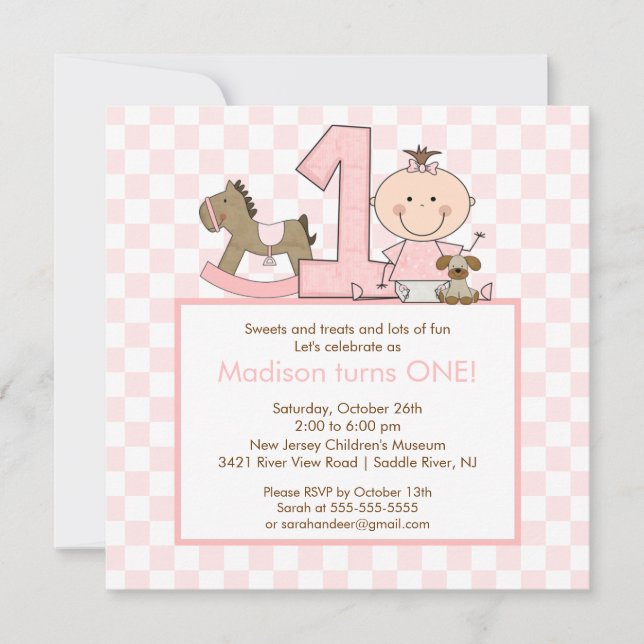 Cute Stick figure Girl 1st  Birthday Invitation (Front)