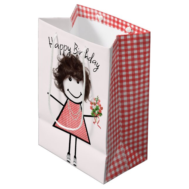 Cute Stick Figure Girl With Birthday Bouquet Medium Gift Bag (Front Angled)