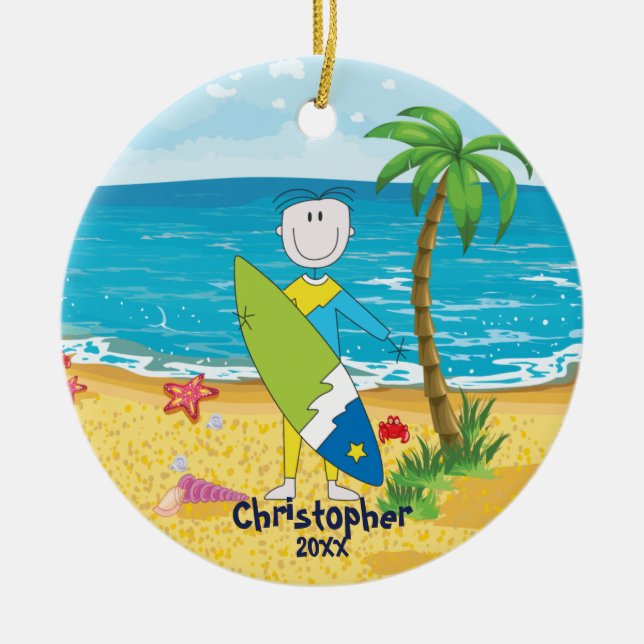 Cute Stick Figure Surfer Boy Christmas Ornament (Front)