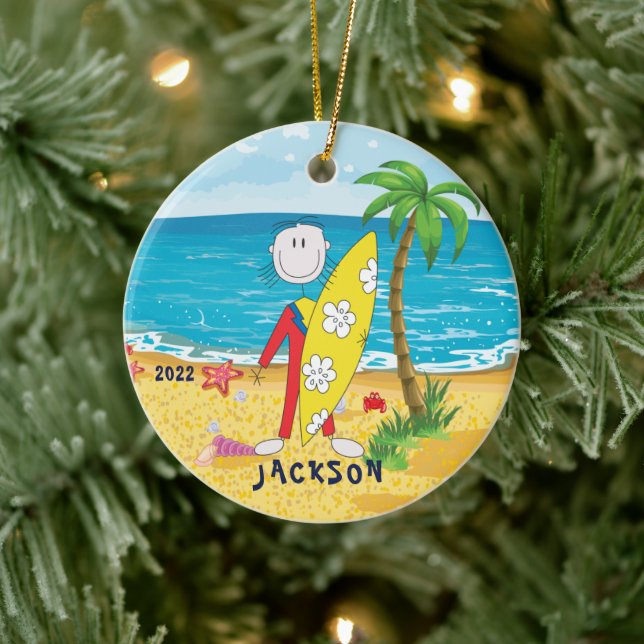 Cute Stick Figure Surfer Boy Christmas Ornament (Tree)