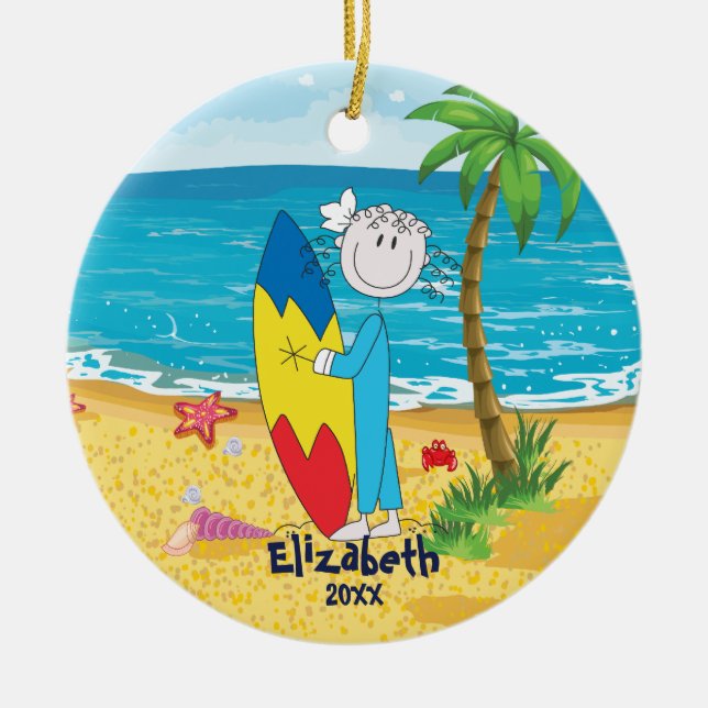 Cute Stick Figure Surfer Girl Christmas Ornament (Front)
