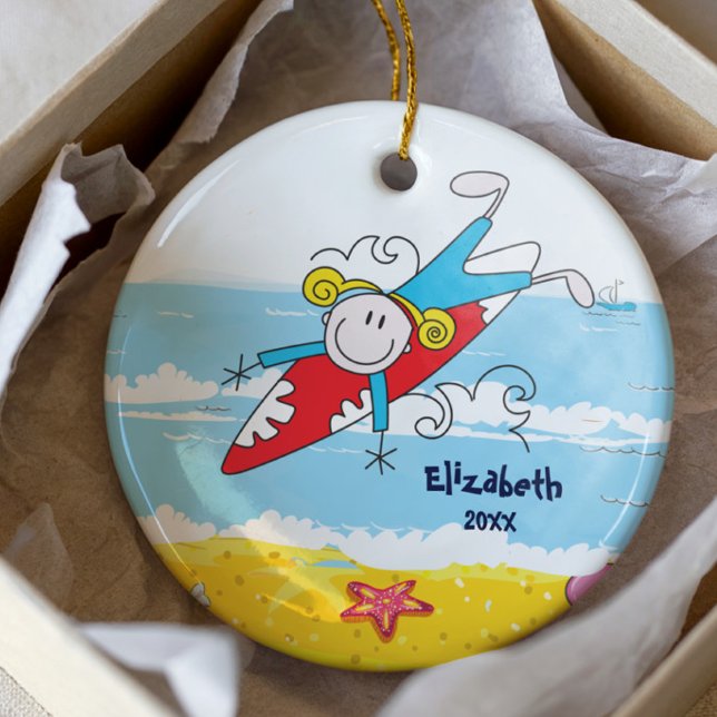 Cute Stick Figure Surfer Girl Christmas Ornament (Creator Uploaded)