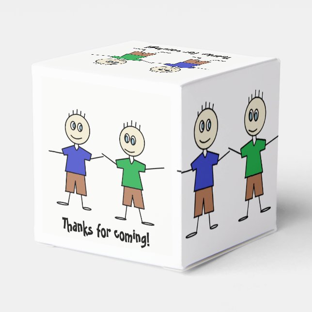 Cute Stick Figure Twin Boys Birthday Party Favor Box (Back Side)