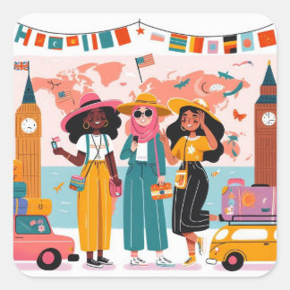 Cute sticker of women of colour travelling