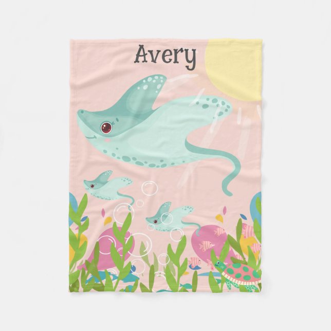 Cute stingray with babies in ocean scene, fleece blanket (Front)