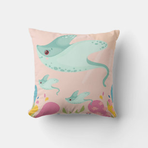 Cute stingrays in pink ocean scene, throw pillow