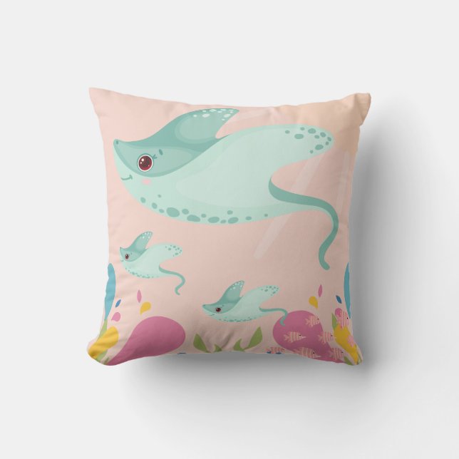 Cute stingrays in pink ocean scene, throw pillow (Front)