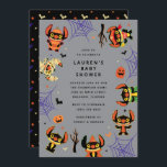 Cute Stitch Halloween Baby Shower Invitation<br><div class="desc">Invite little ghouls and goblins to a spooky-fun birthday celebration with this Halloween party invitation featuring Disney’s Stitch! The design showcases Stitch dressed in adorable costumes—a pumpkin, a mummy, a witch, and a bat—surrounded by spiderwebs, bats, pumpkins, and stars on a grey background. A coordinating back pattern with colourful bats...</div>