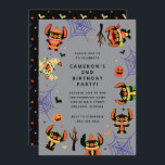 Cute Stitch Halloween Birthday Party  Invitation<br><div class="desc">Get ready for a spook-tacular celebration with this Halloween birthday invitation featuring Disney’s Stitch in adorable costumes! The playful design showcases Stitch dressed as a pirate, mummy, witch, and pumpkin surrounded by spiderwebs, bats, pumpkins, and candy on a grey background. A matching backer with coordinating Halloween icons adds extra festive...</div>