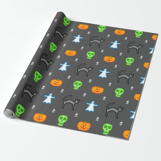 Cute Stitched Style Halloween Characters Wrapping Paper (Unrolled)