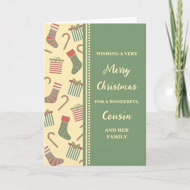 Cute Stockings Cousin & Family Merry Christmas Card (Front)