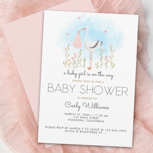 Cute Stork Baby Girl Baby Shower Invitation (Creator Uploaded)