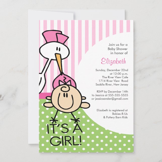 Cute Stork Baby Girl Baby Shower Invitations (Front)