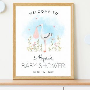 Cute Stork Baby Girl Shower Welcome Poster