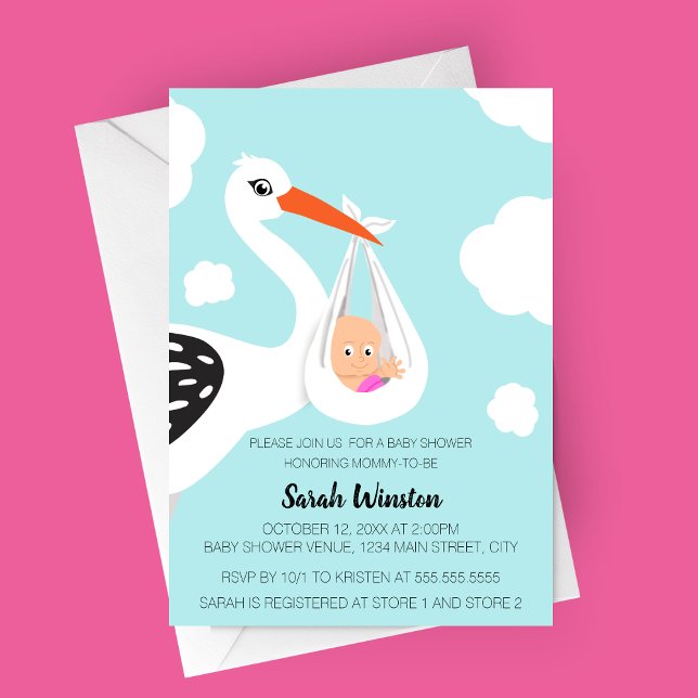 Cute Stork Baby Shower Invitation (Modern Sleek Stork Baby Shower Invitation for GIrls)