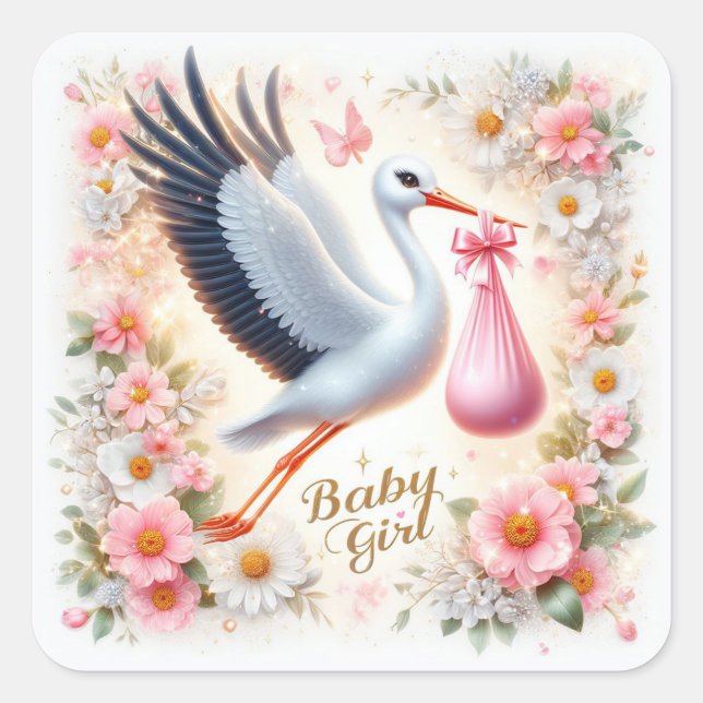Cute Stork Carrying Baby Girl Square Sticker (Front)