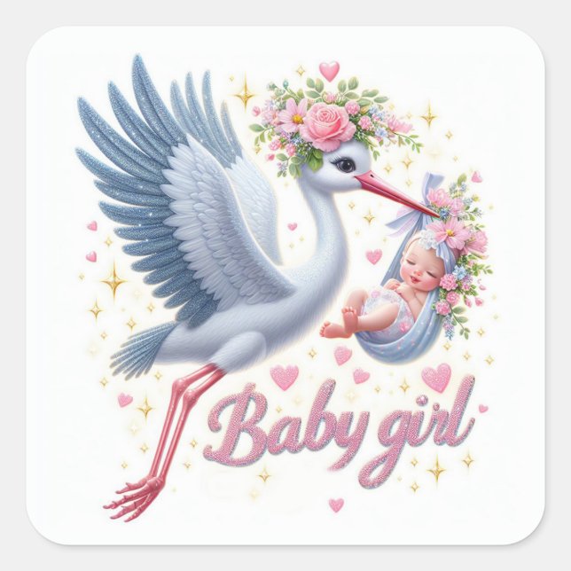Cute Stork Carrying Baby Girl Square Sticker (Front)