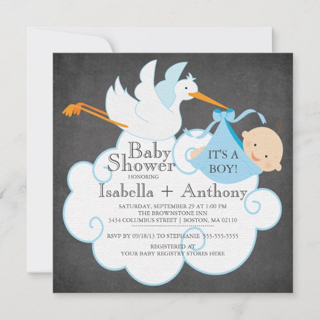 Cute Stork Chalkboard Boy Baby Shower Invitatation Invitation (Front)